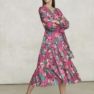 NWT Tahari Floral dress Long Sleeve Floral Print Surplus with Prairie Skirt 10